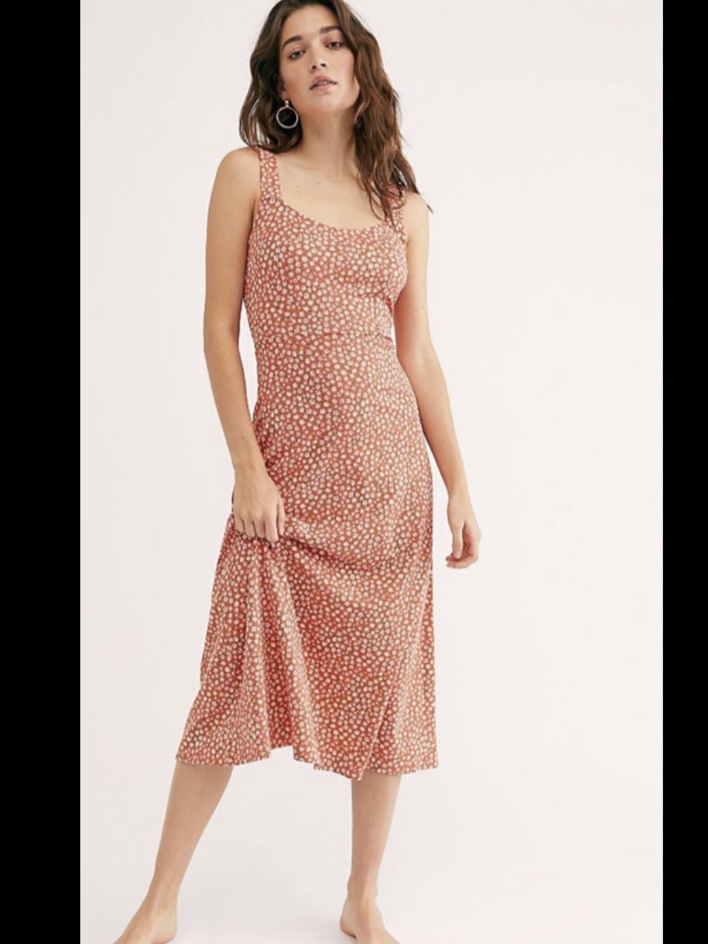 Free People Lorelei Floral Daisy Print Midi Tie Back Stretch Dress Large $148
